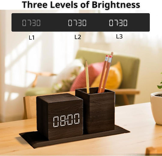 Wooden Digital Tabletop Clock Pencil Holder & Thermometer Black