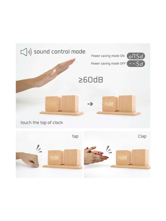 Wooden Digital Tabletop Clock Pencil Holder & Thermometer Beige