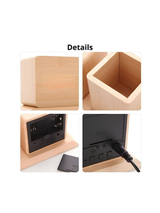 Wooden Digital Tabletop Clock Pencil Holder & Thermometer Beige