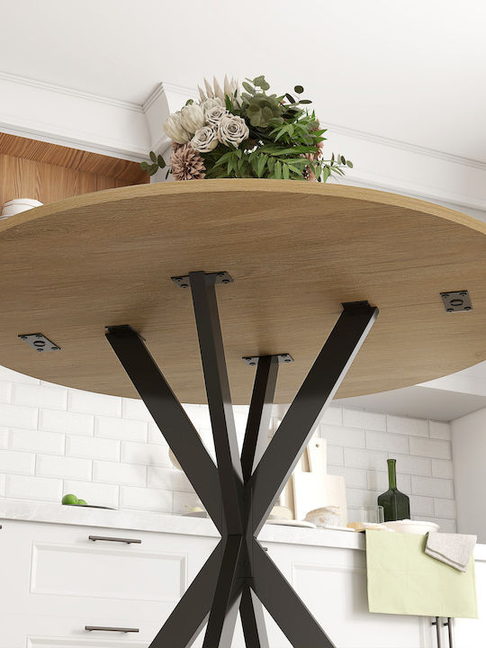 Round Kitchen Table Wooden with Metal Frame White Oak Black 80x80x75cm