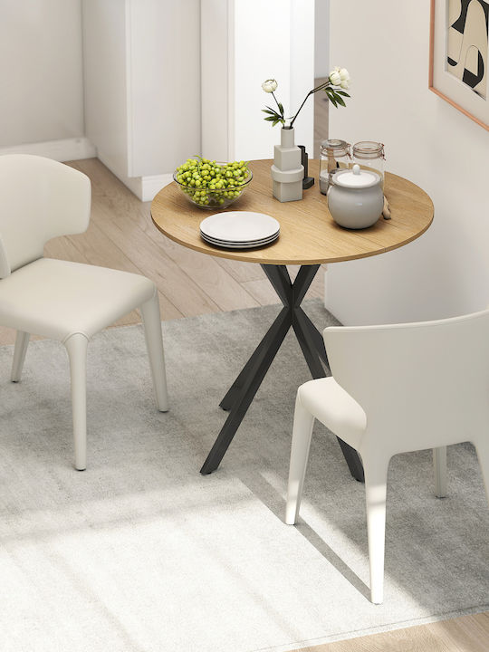 Round Kitchen Table Wooden with Metal Frame White Oak Black 80x80x75cm