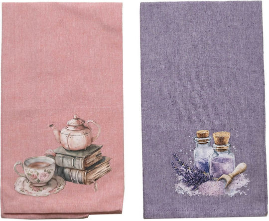 Viopros Tea Towel Made of 100% Cotton in Pink Colour 45x65cm 2 Pieces