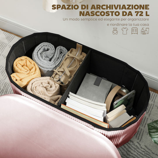 Collapsible Bench Stool With Storage Space Upholstered In Pink Velvet 76x38x35cm