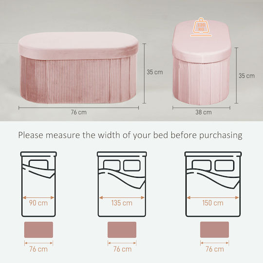 Collapsible Bench Stool With Storage Space Upholstered In Pink Velvet 76x38x35cm