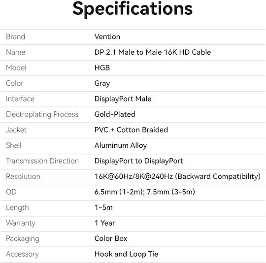 Vention Cable Display Port V2.1 Dp M M Black 16k@60hz 2m Hgbhh