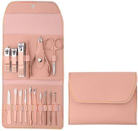 Set Cosmetic De Îngrijire 16 Piese Manichiură Pedichiură Față Include Geantă Organizatoare Din Piele Eco Roz