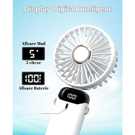 Ventilator Ultra Portabil Aromaterapie Alista Home 3 În 1 De Mână Birou Gât 5 Niveluri Viteză Încărcare USB Durată Baterie 12h Ecran LCD Pliabil Alb