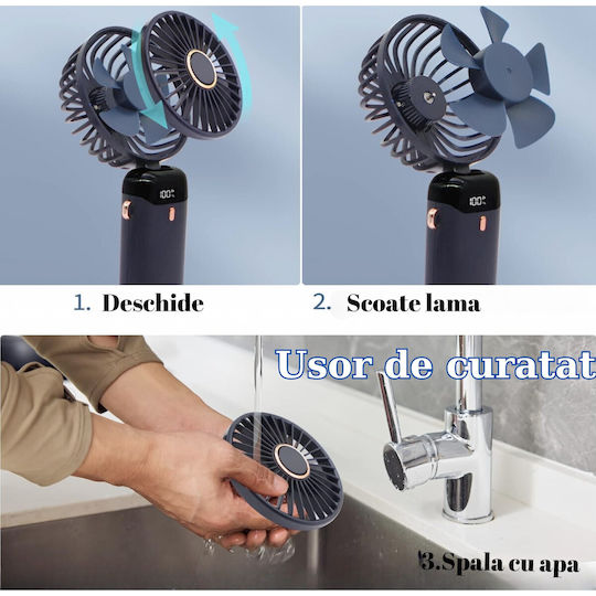 Ventilator Ultra Portabil Aromaterapie Alista Home 3 În 1 De Mână Birou Gât 5 Viteze Încărcare USB Durată Baterie 12h Ecran LCD Pliabil Albastru