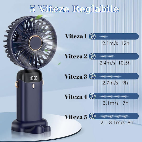Ventilator Ultra Portabil Aromaterapie Alista Home 3 În 1 De Mână Birou Gât 5 Viteze Încărcare USB Durată Baterie 12h Ecran LCD Pliabil Albastru