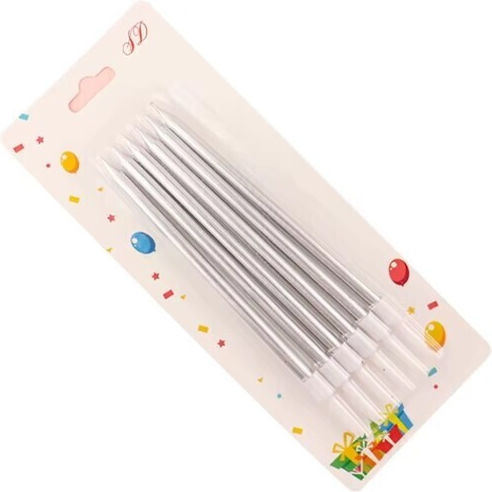 Set 6 Lumanări De Ziua De Naștere Din Parafină Lucioasă Argintii 11 X 0.4 Cm