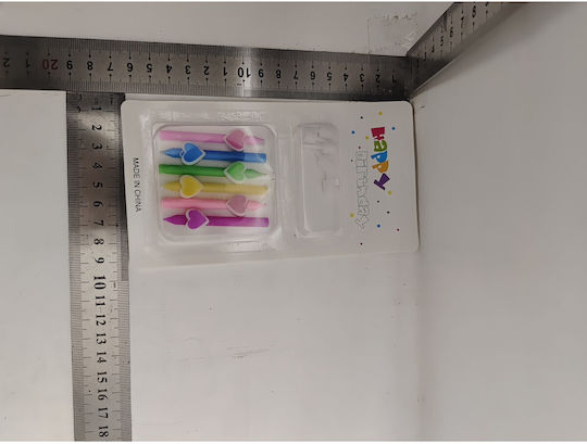 Set 6 Lumanări De Ziua De Naștere Model Creion Inimi 5.9 X 1.1 Cm Ceară Multicolor
