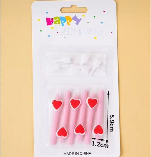 Set 6 Lumanări De Ziua De Naștere Model Creion Inimi 5.9 X 1.1 Cm Ceară Roz