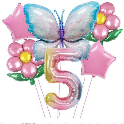 Set 6 Luftballons Zahlen 5 Blumen Folie Mehrfarbig