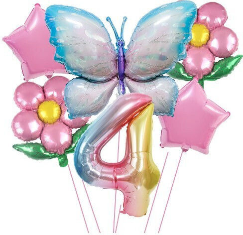 Set 6 Luftballons Zahlen 4 Blumen Folie Mehrfarbige
