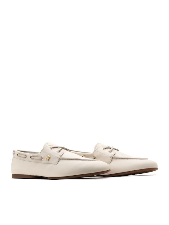Leather Women's Boat Shoes in Beige Color