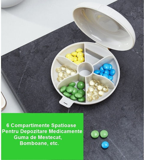 Cutie Pentru Depozitarea Medicamentelor Alista Home 6 Compartimente Închidere Etanșă Portabilă Rotundă Albă Gri Pp 8.4x2.9x8.5 Cm
