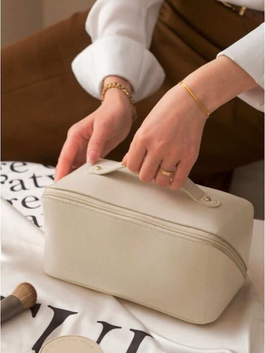 Geantă De Călătorie Pentru Cosmetice Portabilă Impermeabilă Din Piele Eco Cu Compartimente Multiple Și Fermoar 23 X 11.5 X 10.5 Cm Crem