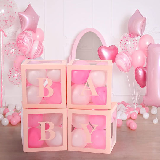 Set 4 Cutii Pentru Baloane Alista Home Baby Script Design Temă Dragoste Cuburi Decorative Din Plastic Accesorii Pentru Petreceri 30 X 30 Cm Contur Roz Transparent