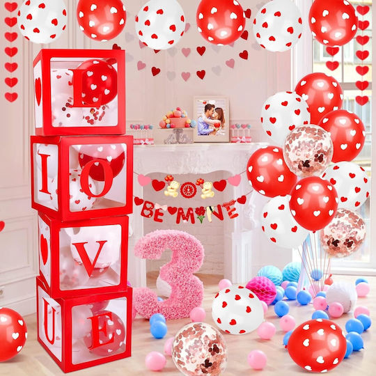 Set 4 Cutii Pentru Baloane Alista Home Design Script Dragoste Temă Dragoste Cuburi Decorative Din Plastic Accesorii Pentru Petreceri 30x30 Cm Transparent Contur Roșu
