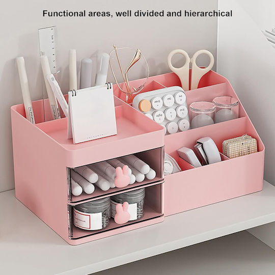 Cutie de Depozitare pentru Birou Alista Home Organizator pentru Machiaj și Papetărie Cosmetice 2 Sertare Compartimente Multiple Model Iepuraș Plastic 27.5x15.5x12 Cm Roz