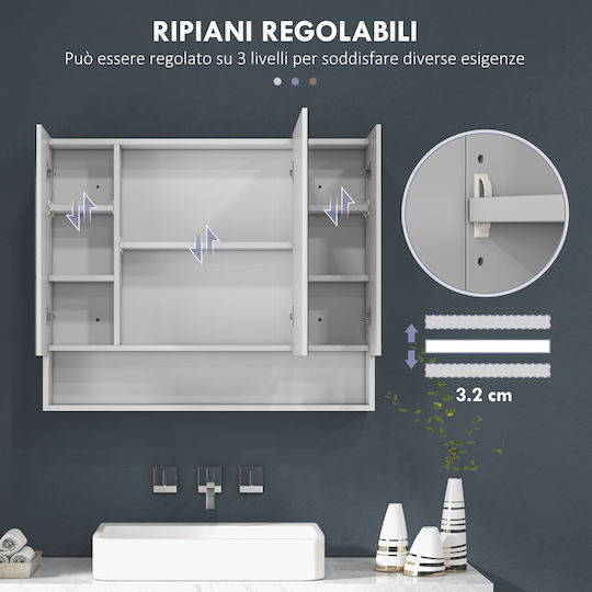 Kleankin Oglindă de Baie din MDF cu Raft și Dulap 90x15cm Albă