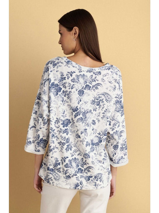 Γυναικεία Μπλούζα Βαμβακερή με Μανίκι 3/4 Floral Λευκή