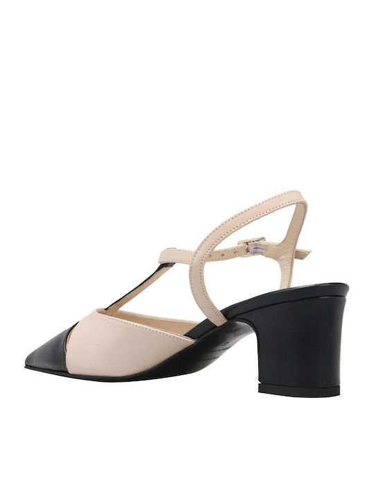 Leather Heels with Chunky Mid Heel Beige OLLY
