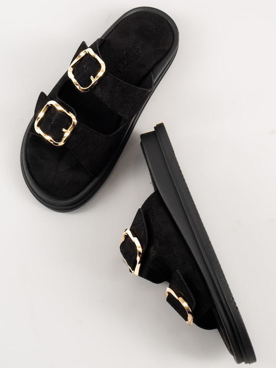 Δερμάτινα Γυναικεία Σανδάλια Flatforms Μαύρα