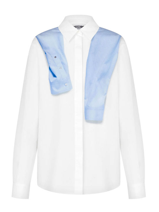 Langärmeliges Damen-Denim-Halbknopfhemd Weiß- Hellblau