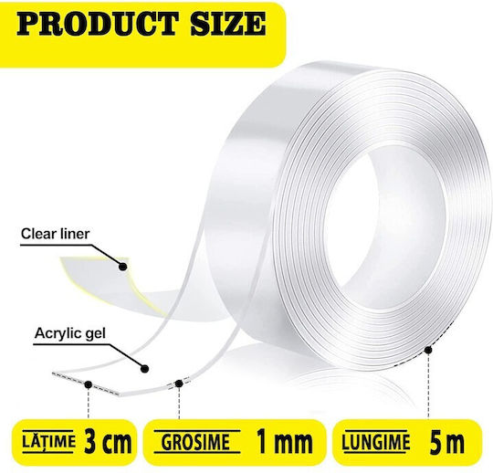 Bandă Dublă Adezivă Alista Home Transparentă Impermeabilă Reutilizabilă Tehnologie Nano 30mm X 1mm X 5m Fără Reziduuri