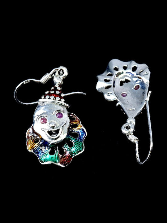 1 Unusual Enamel Earrings Natural Rubies Clown Jester 925
