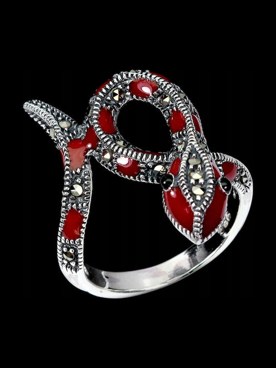 925 Stunning Silver Enamel Ring Natural Marcasite Snake Size 14