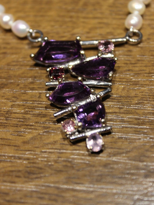 Silver Necklace Natural Amethysts Pearls Spinels