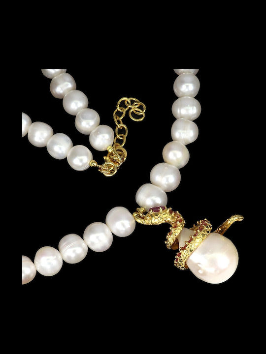 Stunning Snake Necklace Rubies Pearls 925 Silver Natural