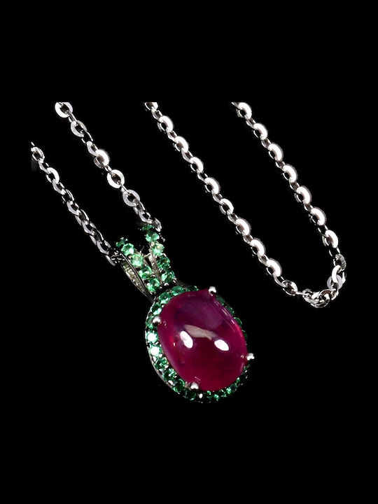 Elegant Delicate Silver Necklace Natural Ruby Green Cubic Zirconia 925