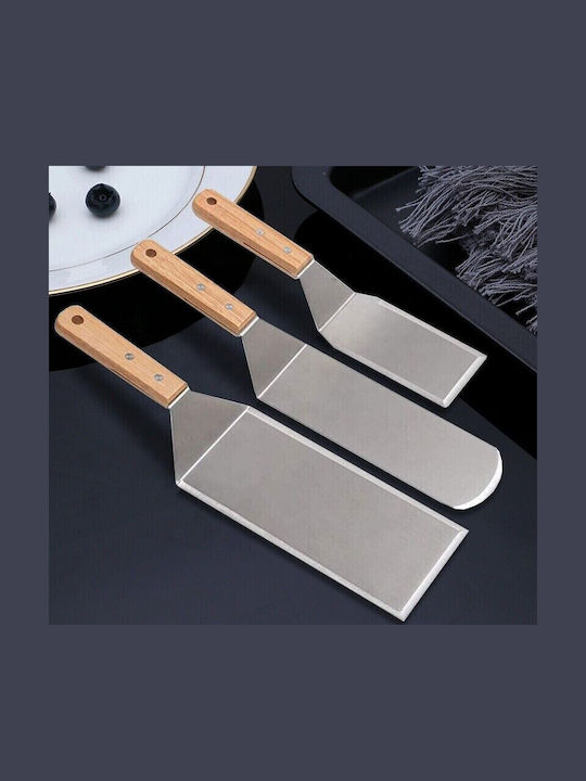 Set 3 Spatule Metalice Pentru Grătar Alista Home Margini Subțiri Suprafață Antiaderentă Rezistente La Căldură Mâner Ergonomic Din Lemn 3 Forme Agățătoare Gri