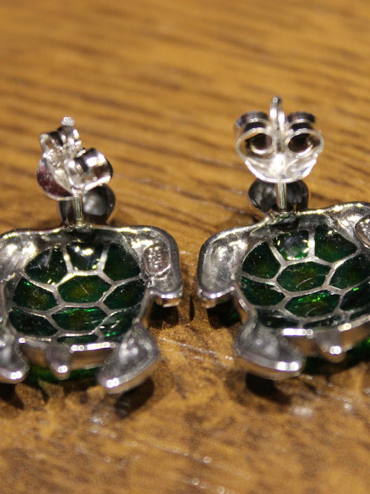 2 Beautiful Green Turtle Earrings Enamelled 925 Silver