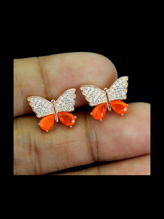 4 Cercei Argint Delicați Zircon Portocaliu Opal Natural Fluture