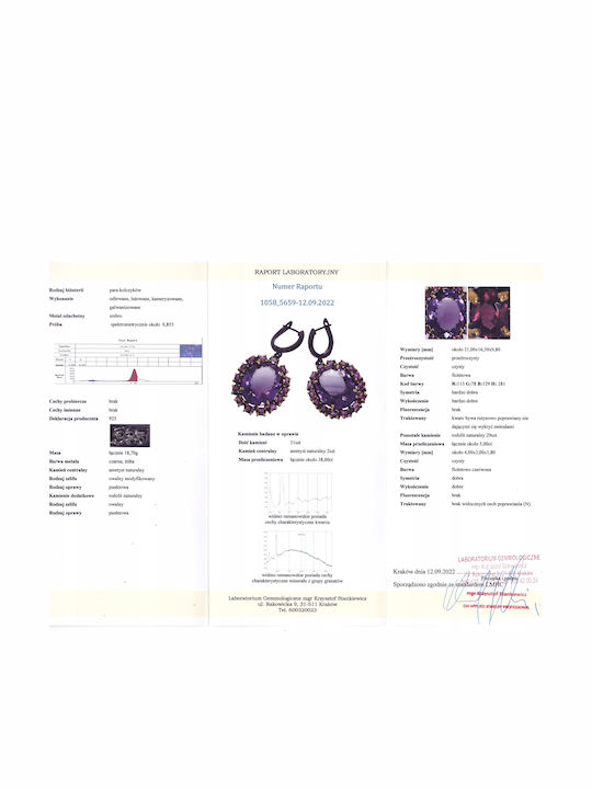 925 Обици 38ct Аметист Родолит Сертификат