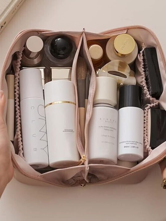 Geantă De Călătorie Pentru Cosmetice Portabilă Impermeabilă Din Piele Eco Cu Compartimente Multiple Și Fermoar 23 X 11.5 X 10.5 Cm Roz
