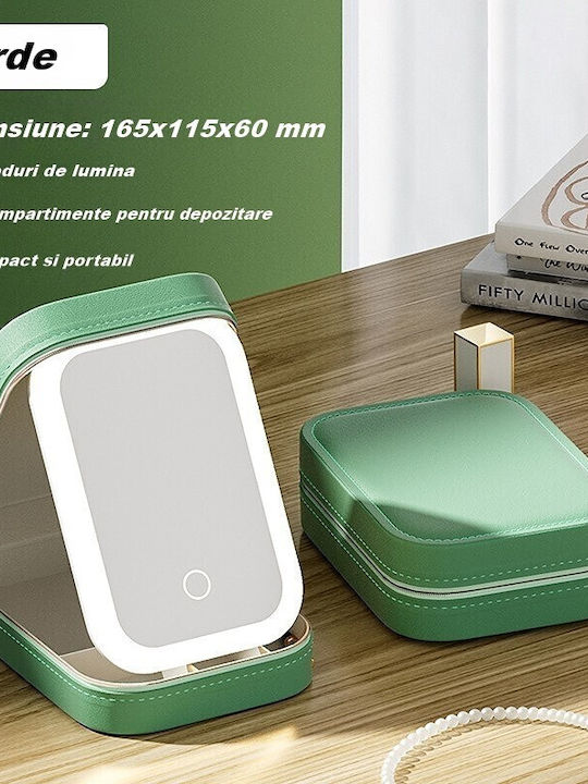 Neseser De Machiaj Alista Home Geantă Cosmetică Oglindă Led 3 Moduri De Lumină Încărcare Usb Baterie 1200 Mah Organizator Cosmetice 4 Compartimente Piele Ecologică Verde 16.5x11.5x6 Cm