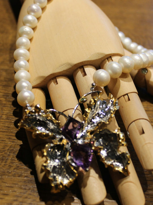 Silver Necklace Amethysts Emeralds Pearls