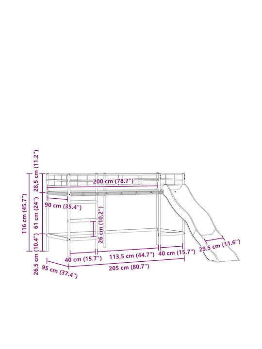 Pat Pentru Copii Tip Loft Bed Single Negru Pentru Saltea 90x200cm