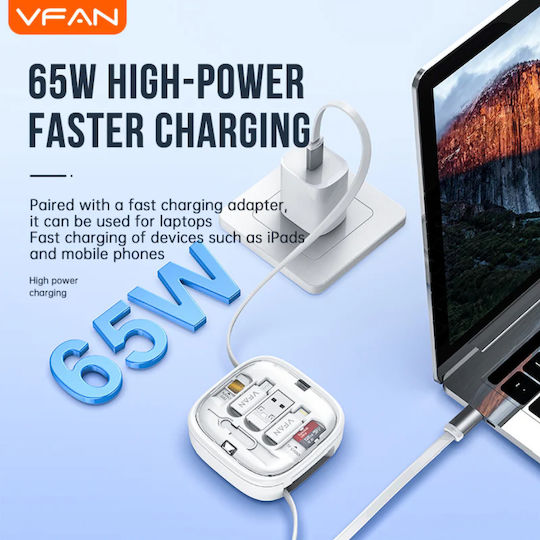 VFAN Retractable USB to Type-C / Lightning / micro USB Cable 3A White 1m