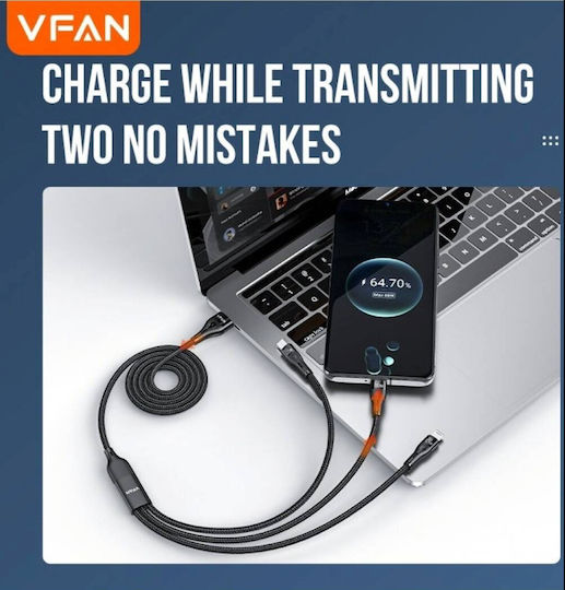 VFAN USB to Type-C / Lightning / micro USB Cable 3A Μαύρο 1m