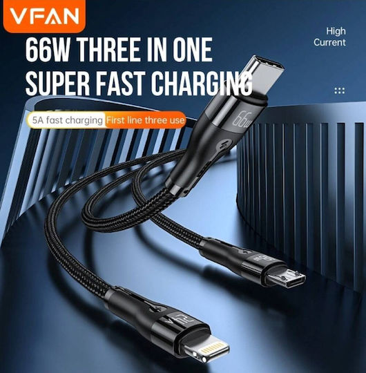 VFAN USB to Type-C / Lightning / micro USB Cable 3A Μαύρο 1m
