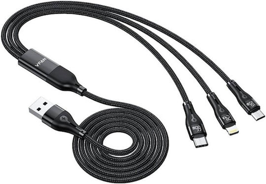 VFAN USB to Type-C / Lightning / micro USB Cable 3A Μαύρο 1m