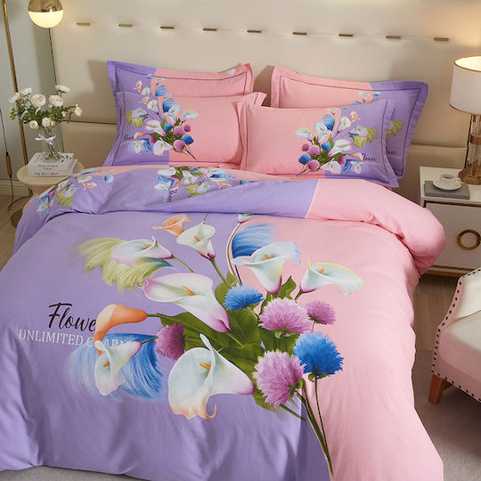 4 Seasons Collection Set Huse Pentru Pilote Flanelă Superdublu 220x240cm 2 Fețe De Pernă & 1 Cearceaf Roz Lila