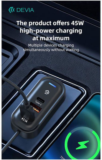 Devia Încărcător Auto 45W 3A Încărcare Rapidă cu Porturi 3xUSB 1xType-C Culoare Neagră