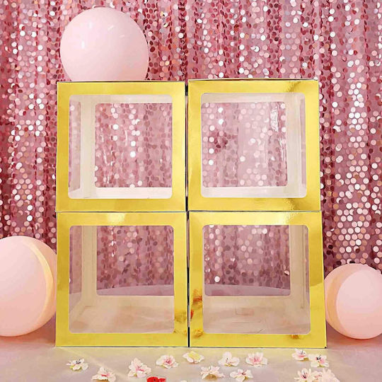 Set 4 Cutii Pentru Baloane Alista Home Model Simplu Tematică Zi De Naștere Cuburi Decorative Din Plastic Accesorii Pentru Petreceri 30 X 30 Cm Transparent Contur Auriu